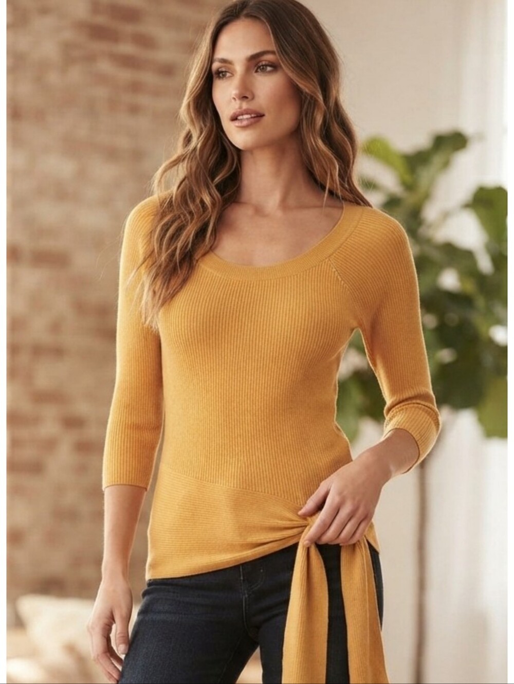 Soho Jeans Side Tie 3/4 sleeve top Golden Yellow Size M